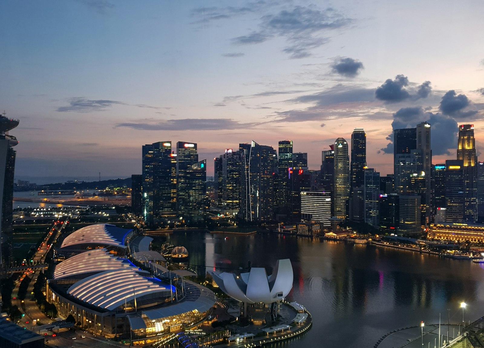 The Marina Bay skyline in Singapore at sunset